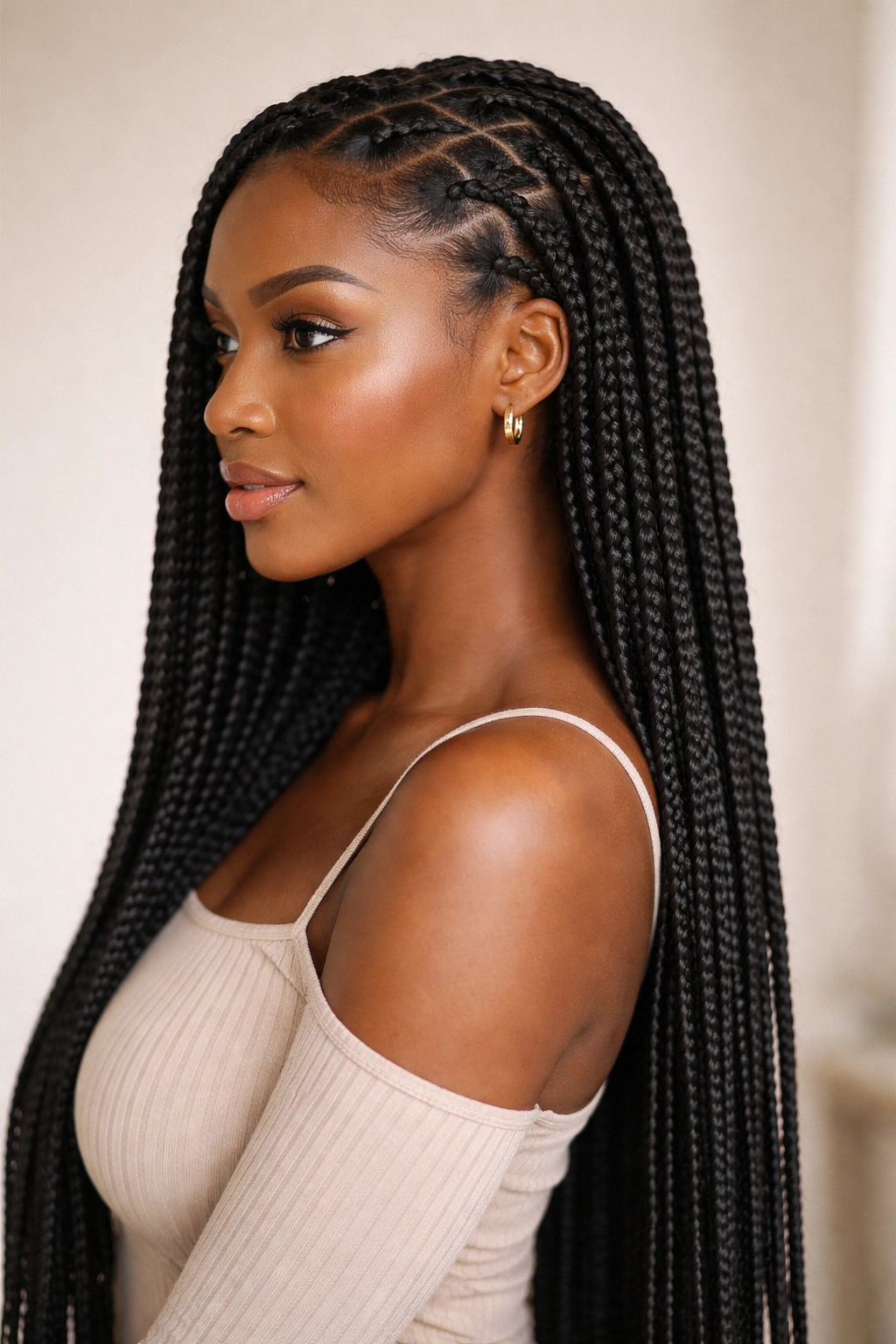 Black woman with long jet black box braids