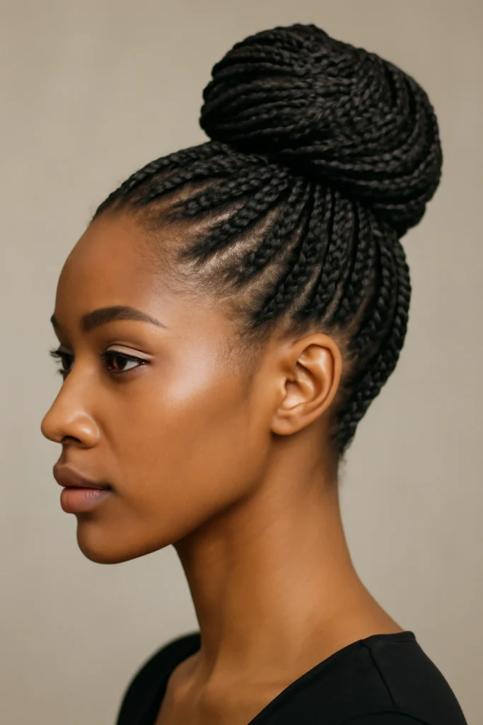 Cornrows gathered into a high braided topknot bun