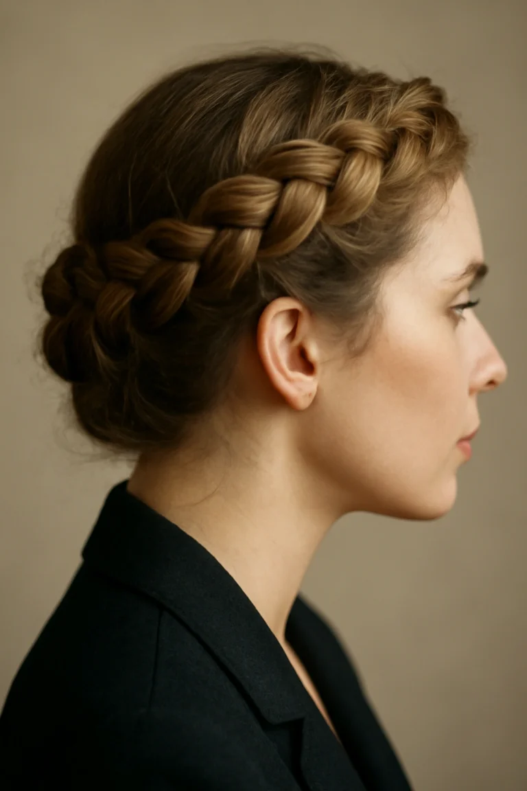 Classic braided crown on medium-brown hair shown in profile