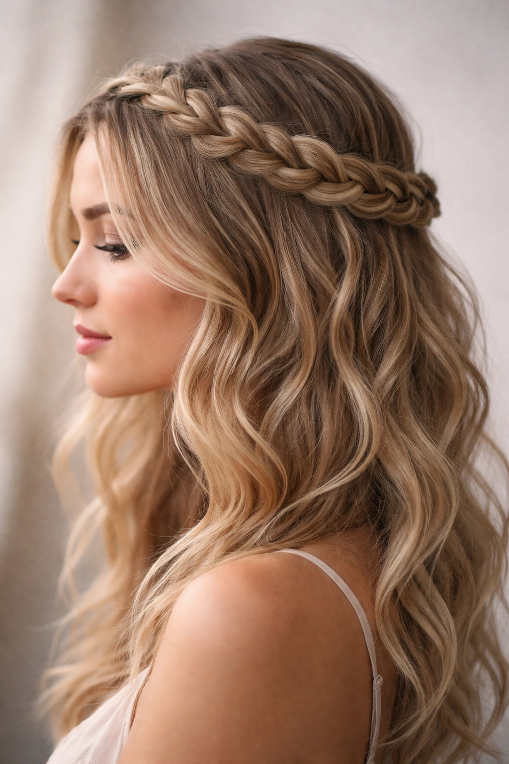 Braided halo crown across the top of long wavy blonde hair
