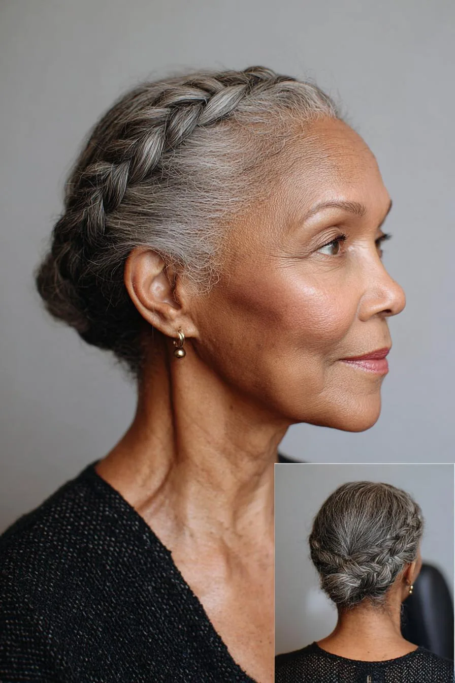 Gray braided crown hairstyle flowing into a soft low bun