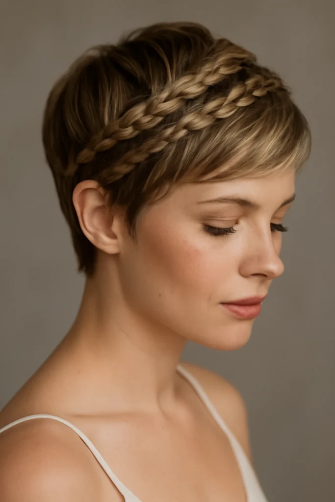 Woman with a textured pixie cut wearing a braided crown headband detail