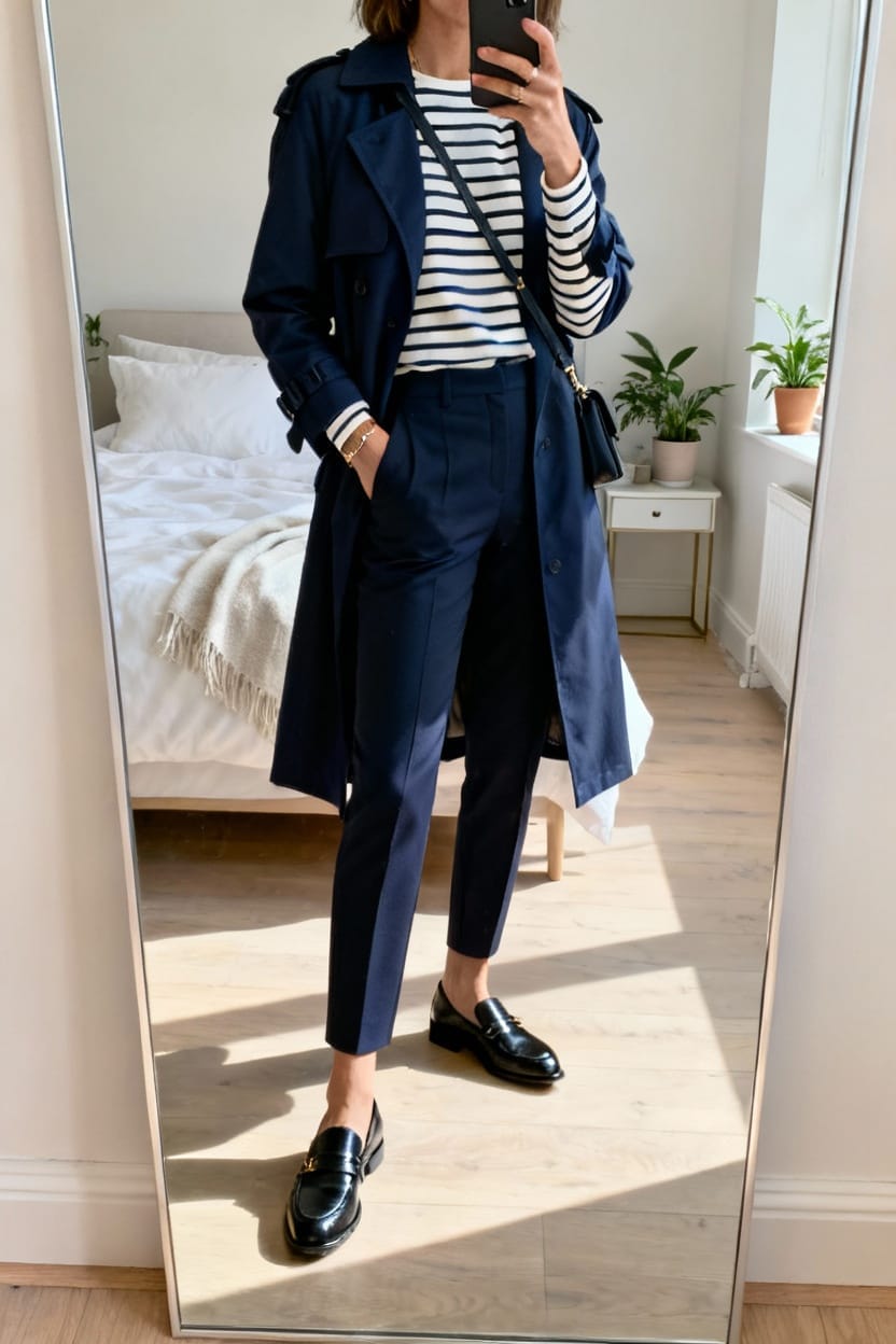 Woman in a navy coat with a Breton striped top and loafers