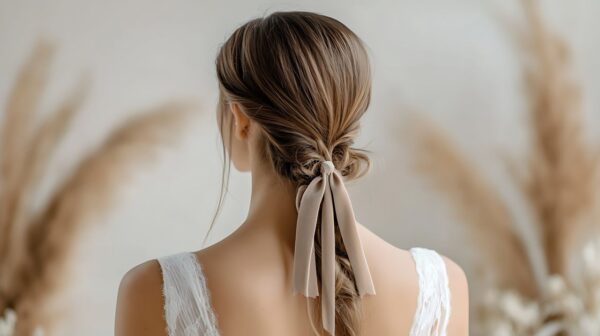 Low braided bridal ponytail tied with a beige ribbon