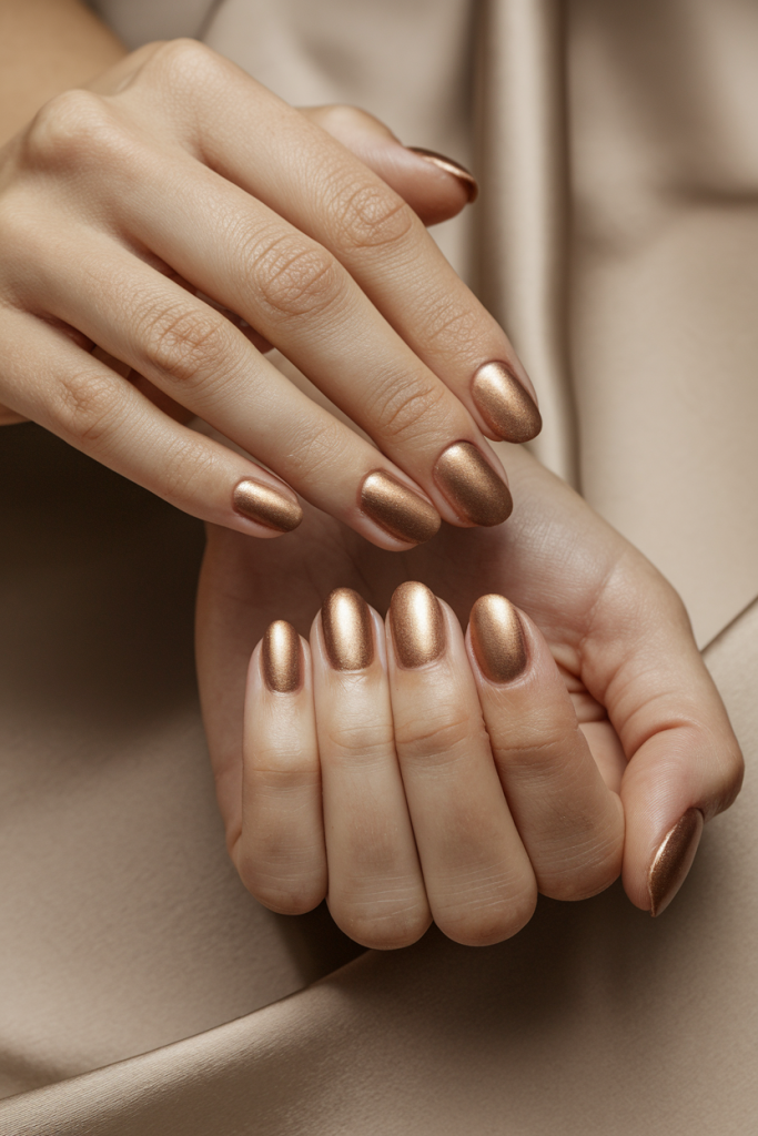 Full-coverage bronze metallic polish on short oval nails