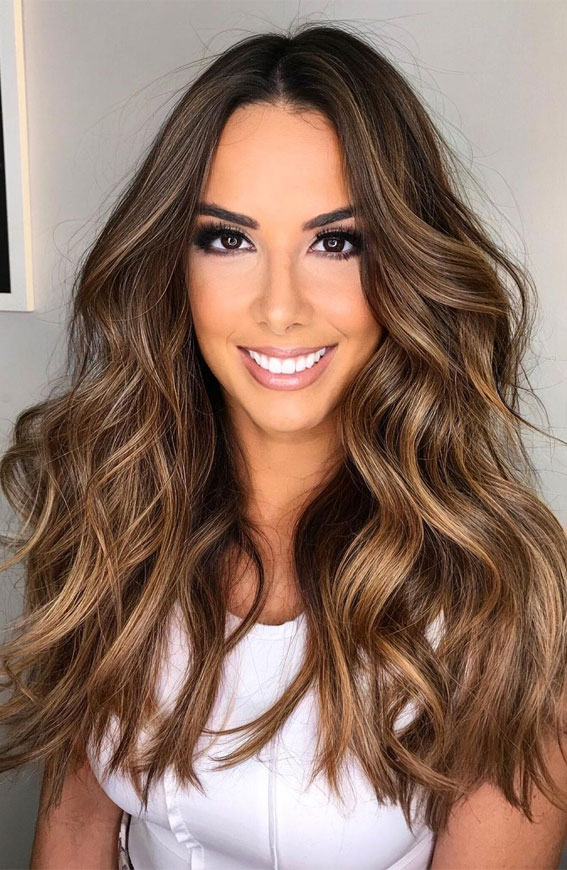 Deep Pecan Brown with Caramel Balayage — winter hair color idea for brown eyes