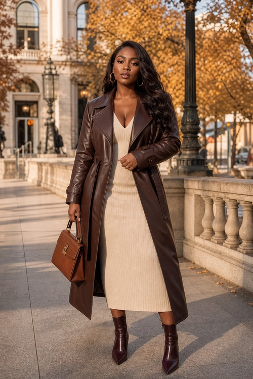 Woman wearing a brown leather trench coat over a knit dress in a winter outfit