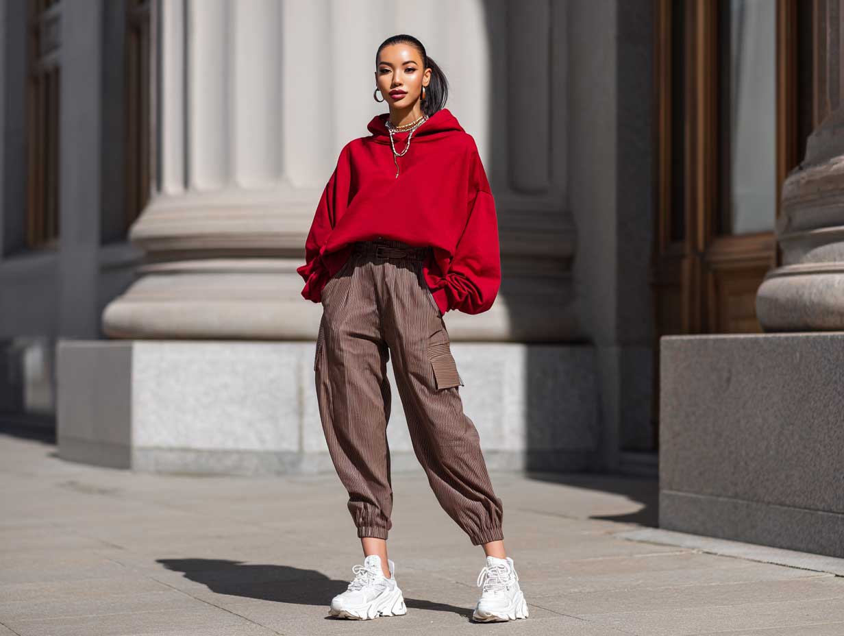 Woman in red oversized hoodie, brown cargo pants and white chunky sneakers
