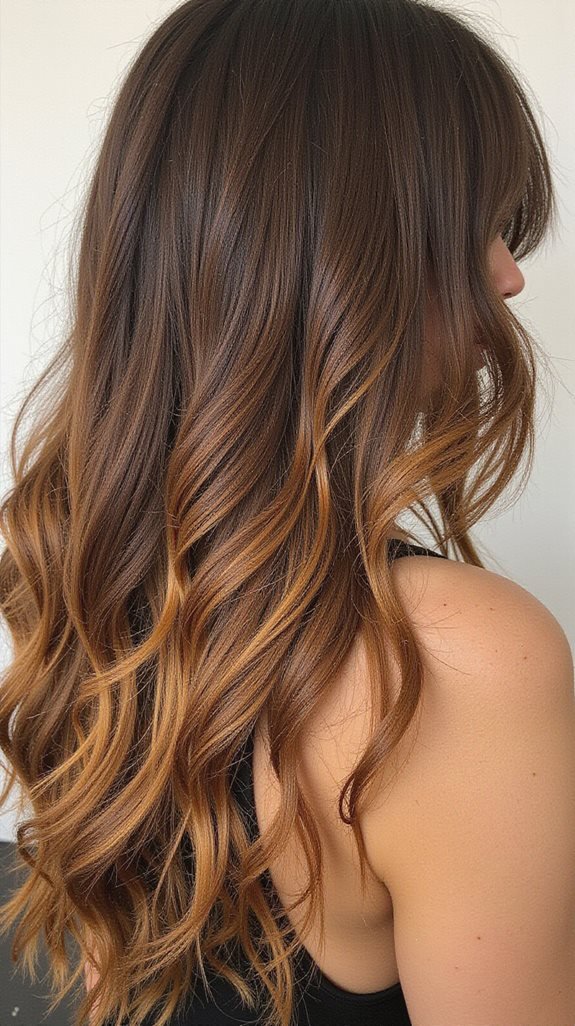Brown to caramel ombre hair with soft golden blend on long waves