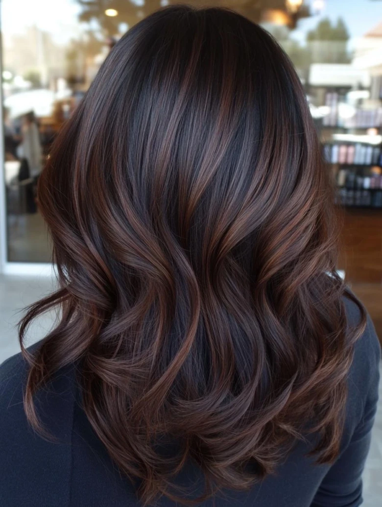 Black brown long wavy hair with warm chestnut balayage