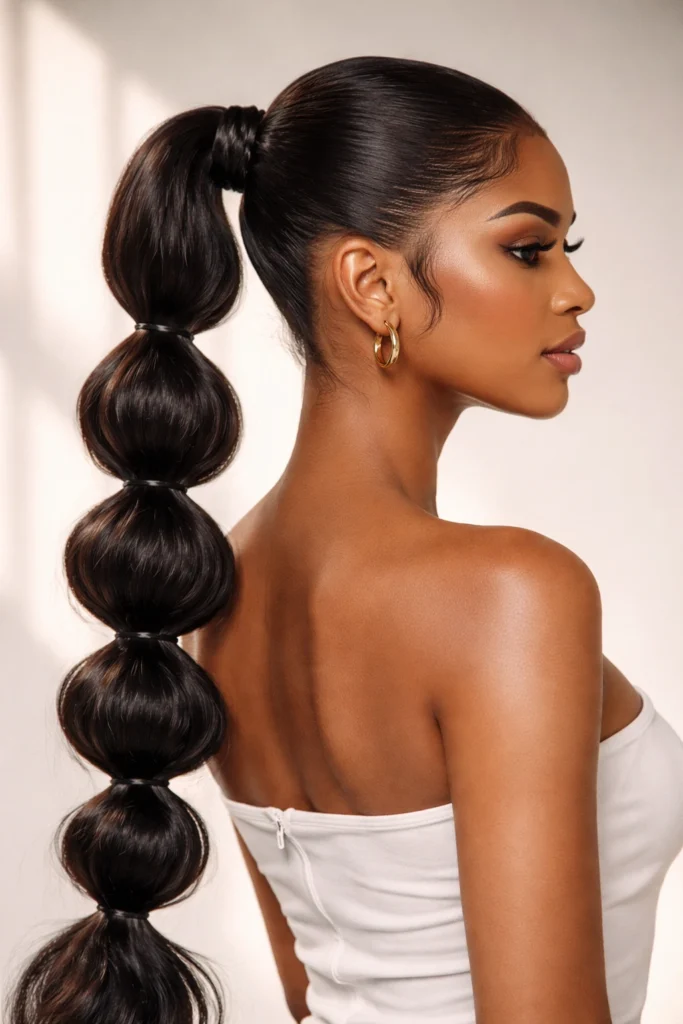 A high-shine bubble ponytail on long dark hair