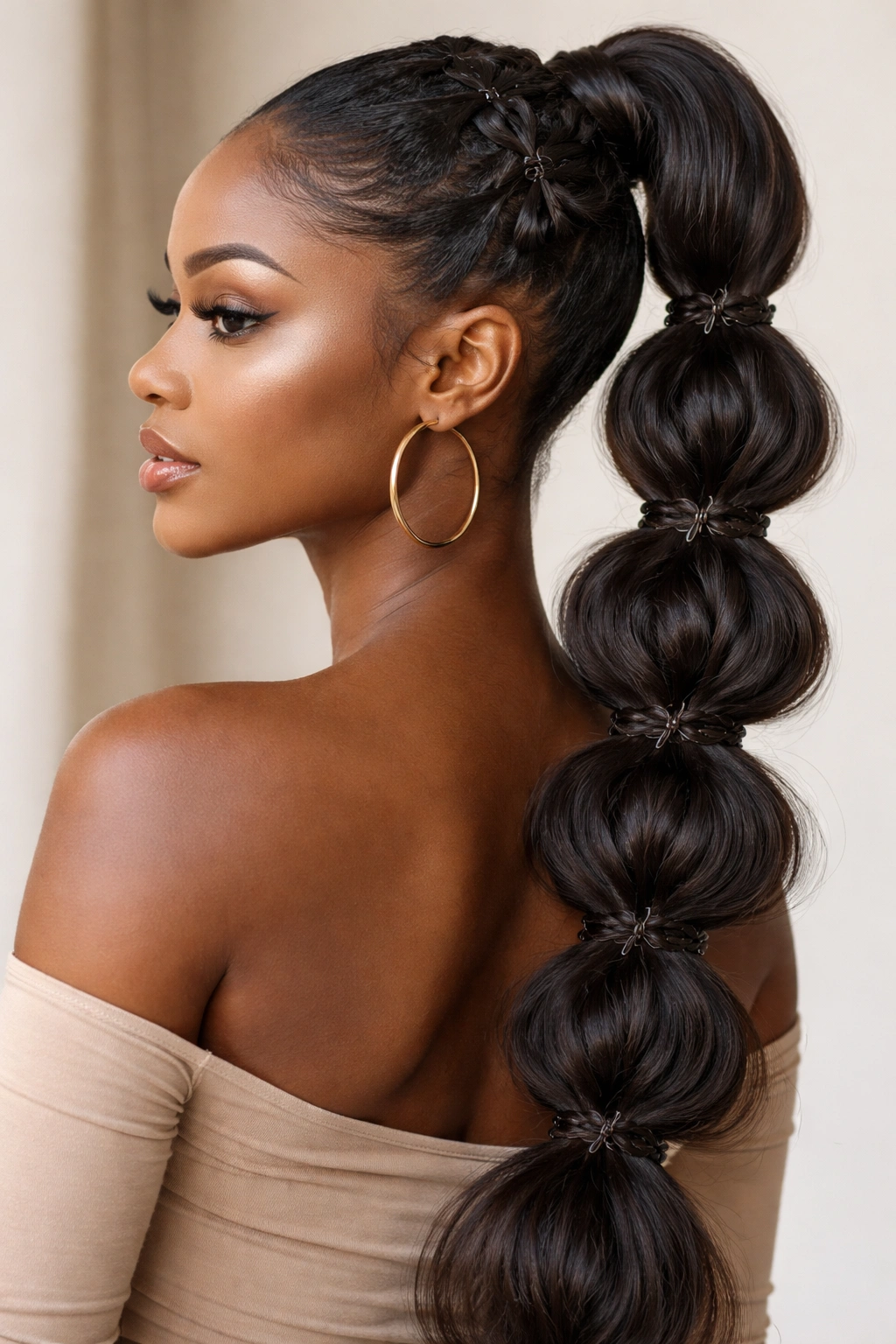 Bubble braid ponytail with butterfly braid detail at the crown