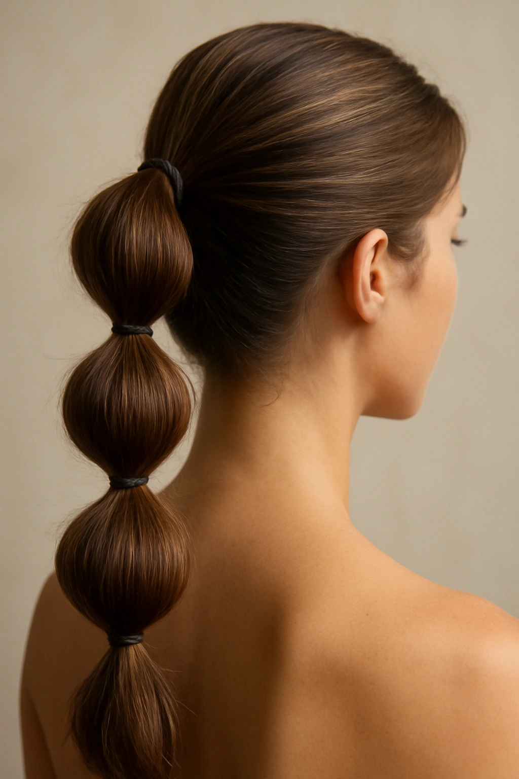 Long ash blonde hair styled into a bubble ponytail with sectioned segments