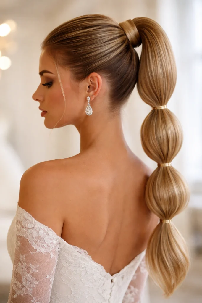 Bubble ponytail with rounded sections for a formal bridal look