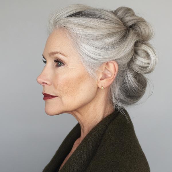 Older woman in profile with an elegant twisted silver bun updo
