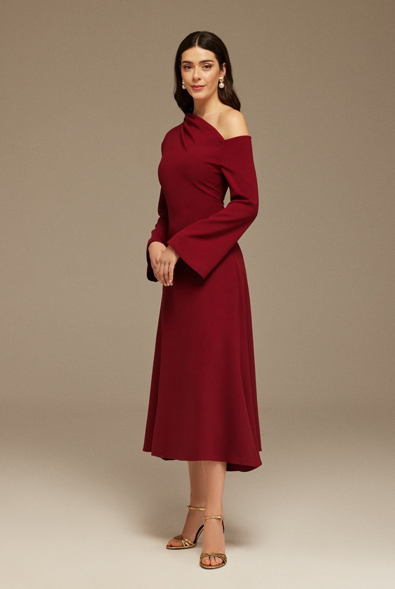Burgundy crepe midi dress with bare-shoulder neckline