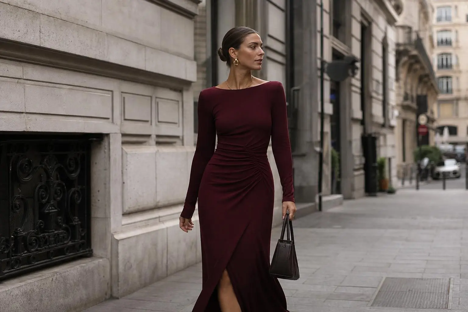 Burgundy satin midi dress styled with a tailored coat for a city evening
