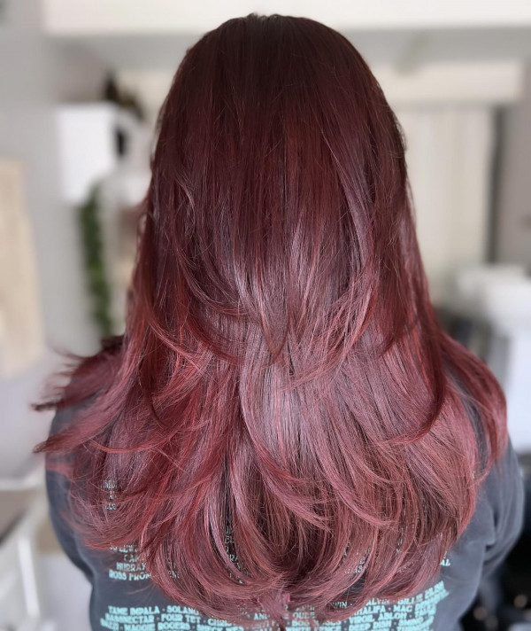 Deep burgundy long wavy hair with berry undertones