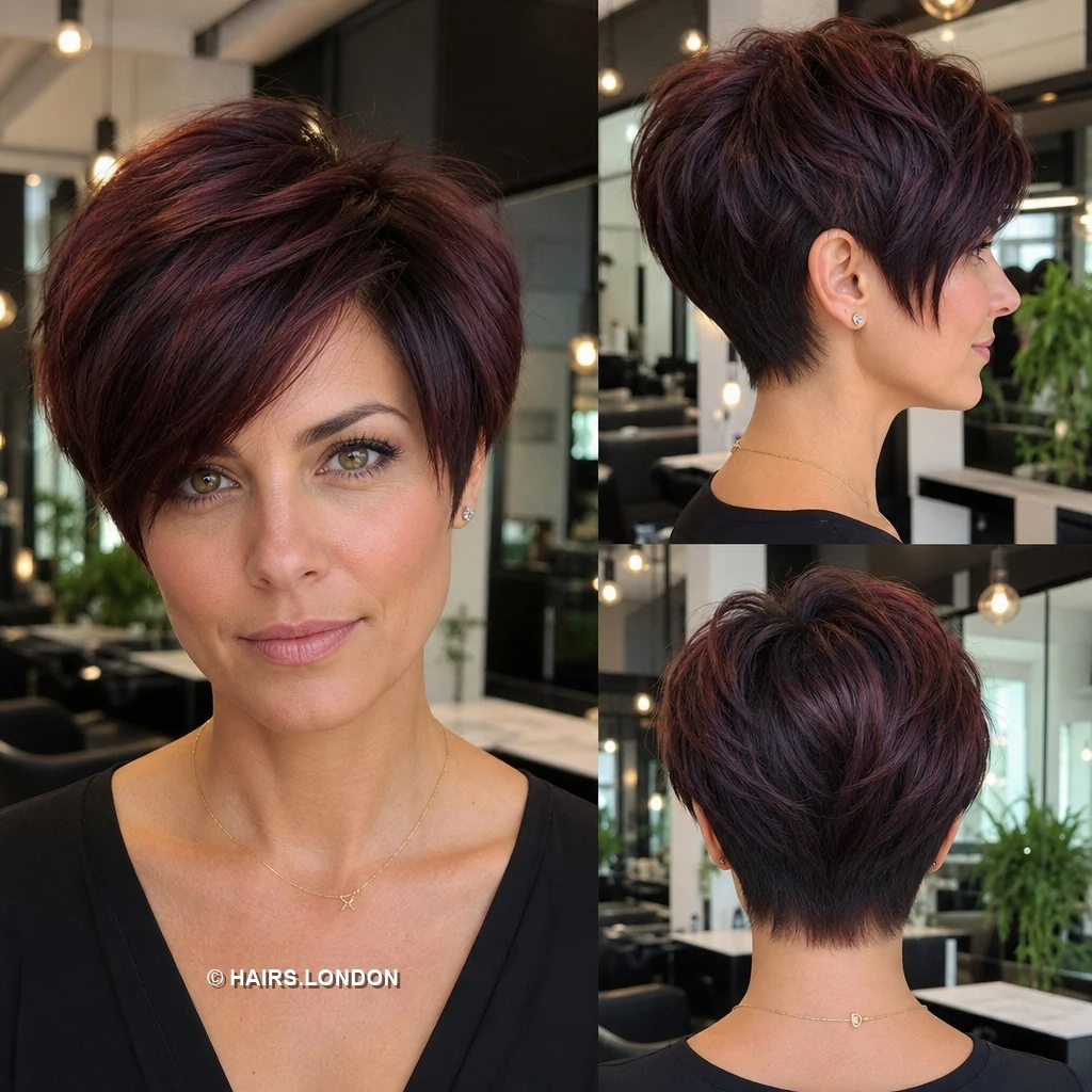 Burgundy swept layered pixie, front side and back views