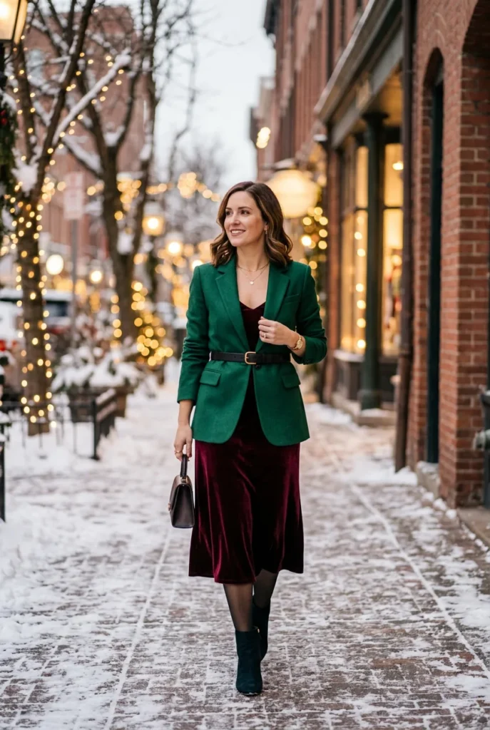 Woman in an emerald blazer over a burgundy velvet dress on a snowy evening street