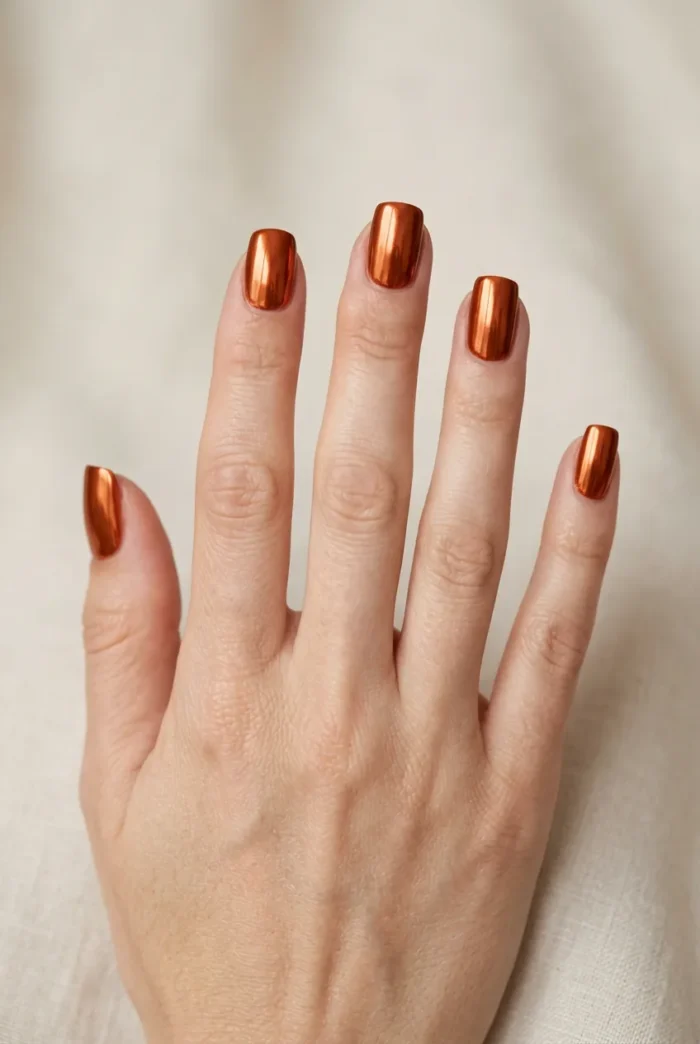 Short nails with a burnt copper chrome metallic finish