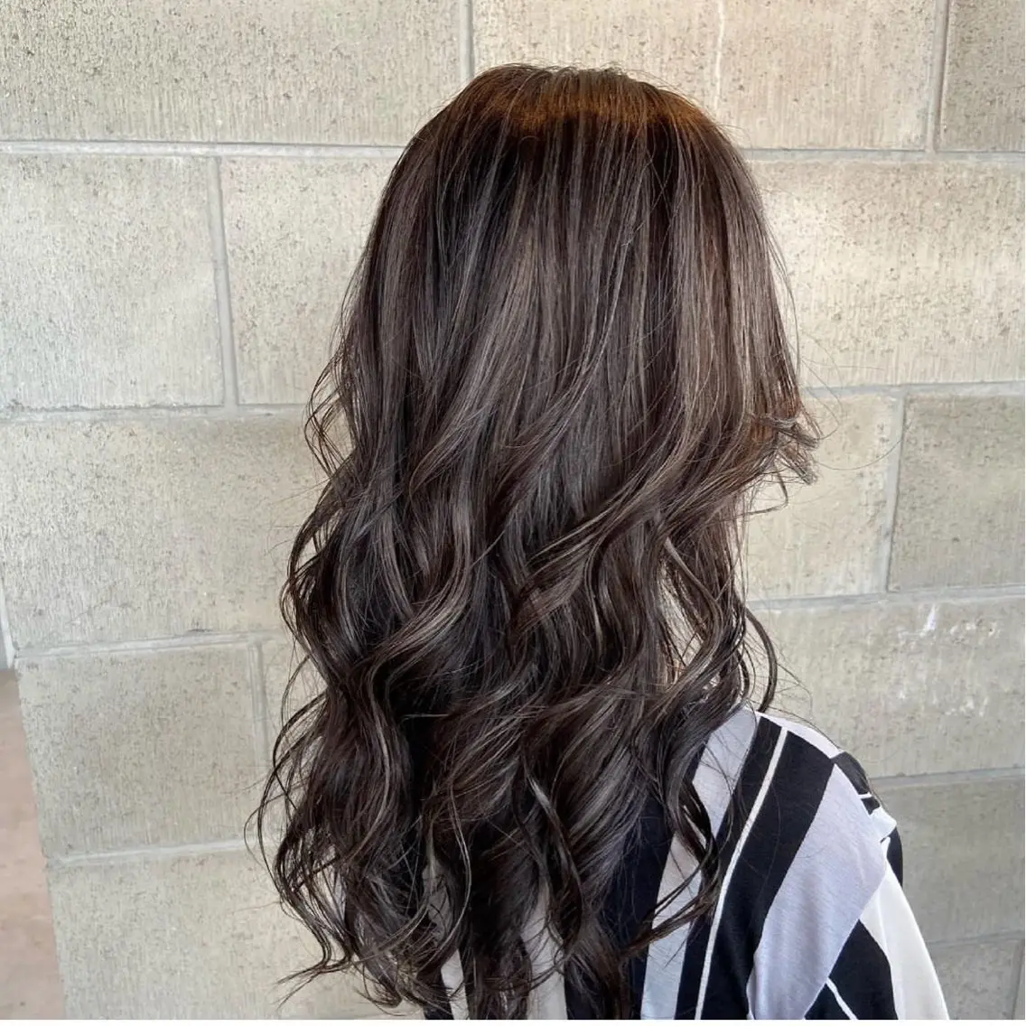 Dark hair with ash brown highlights seen from behind