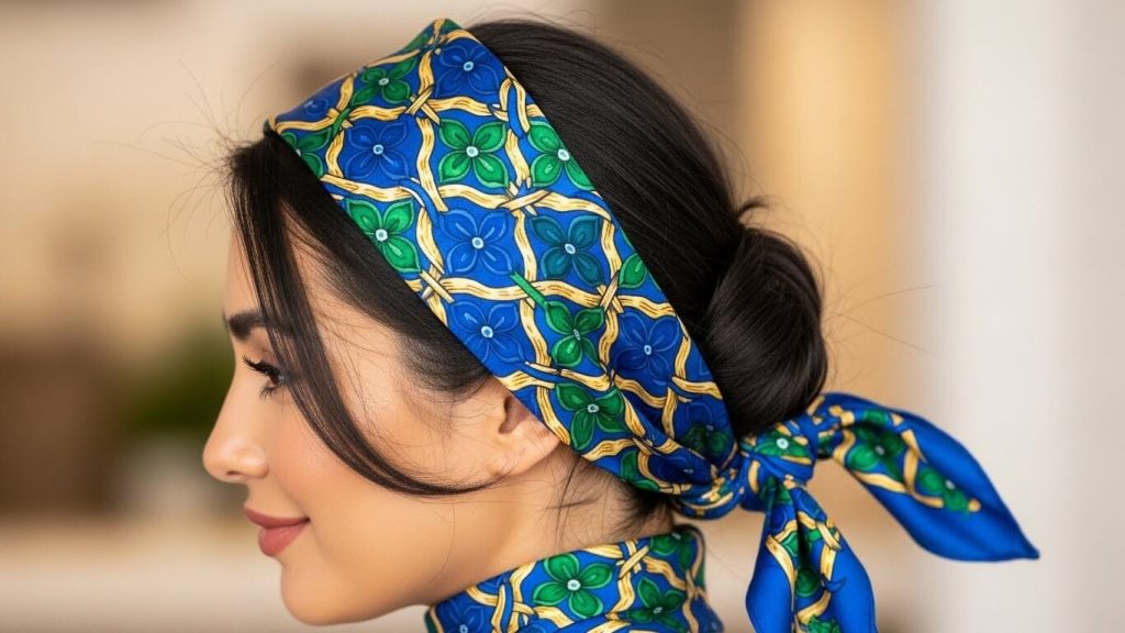 Dark hair in a low bun with a blue, green and gold printed silk scarf worn as a headband