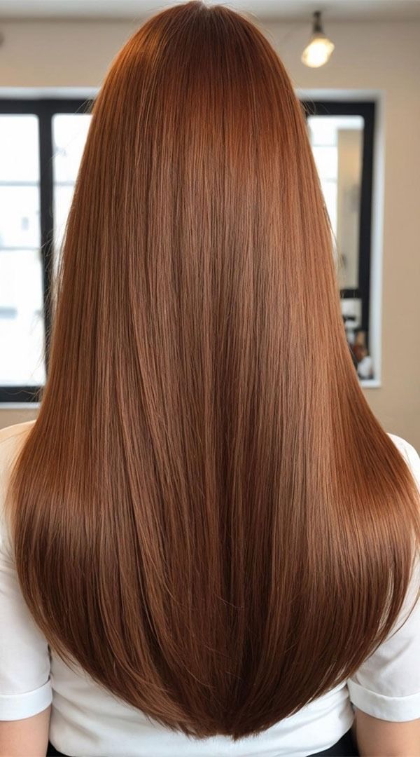 Red velvet copper hair, long and sleek
