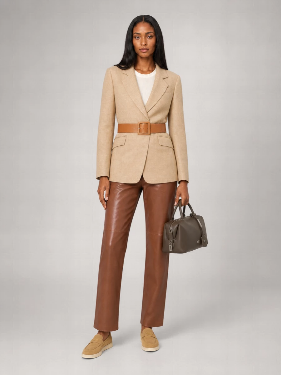 Model wearing a belted camel blazer with cognac leather straight-leg trousers and tan loafers