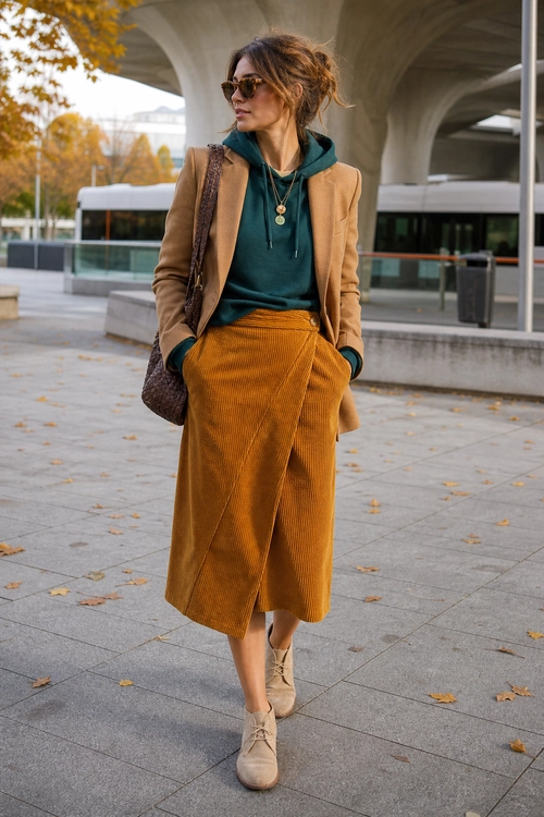 Woman wearing a rust corduroy wrap midi skirt, teal hoodie, camel blazer and beige ankle boots