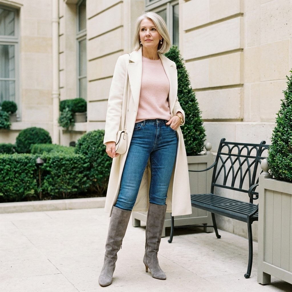 woman in long cream wool coat, pink sweater, jeans and gray suede tall boots