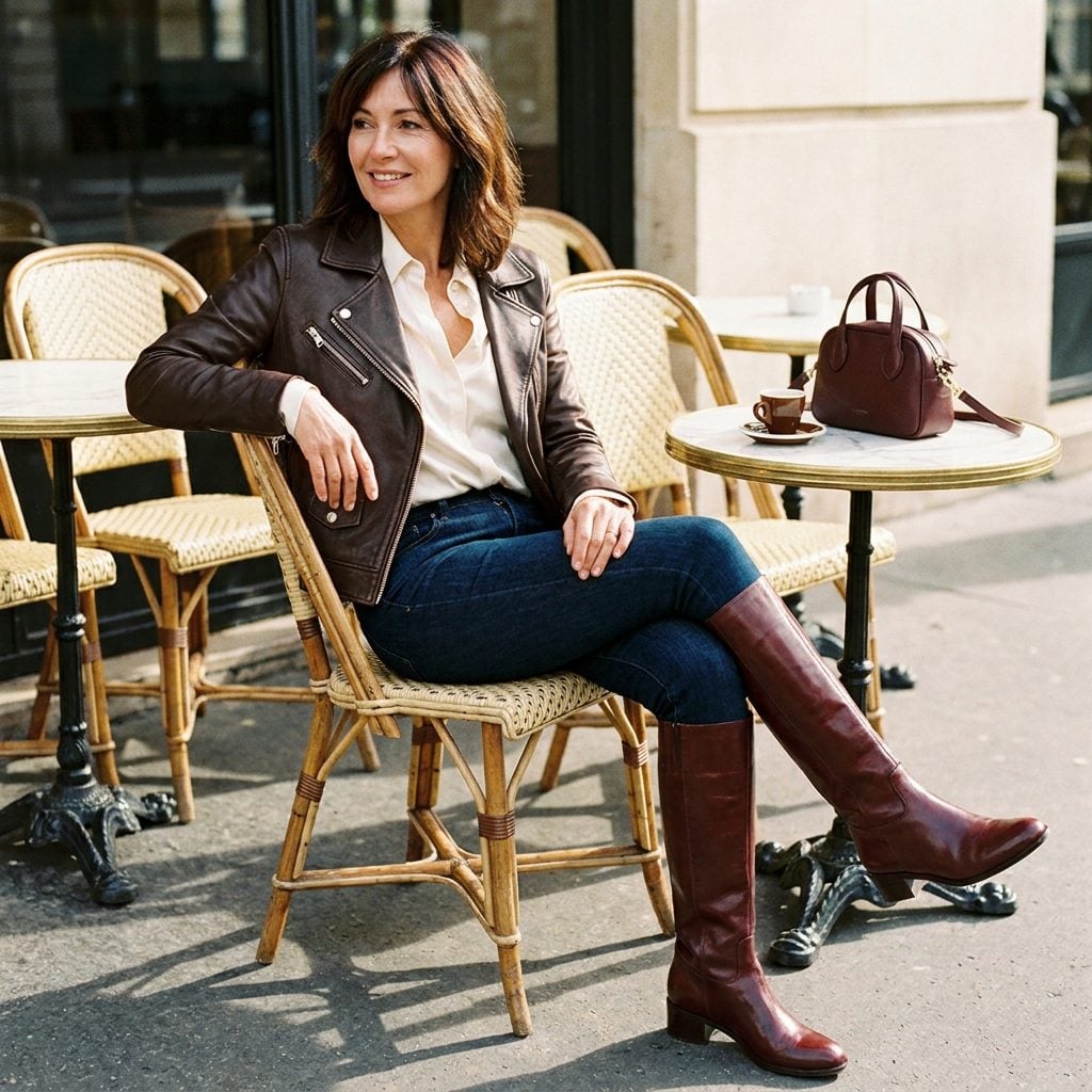 woman in brown leather moto jacket, white shirt, jeans and burgundy riding boots