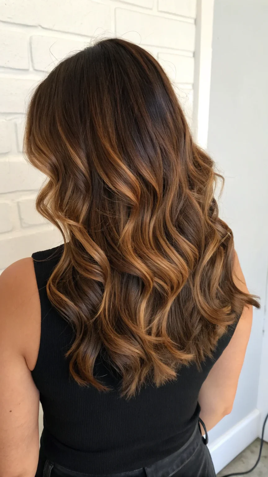 Caramel brown hair with golden blonde balayage