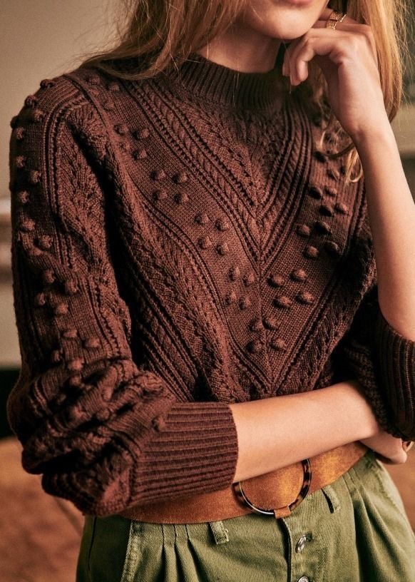 Woman in a chocolate brown knit sweater styled with denim for a casual fall outfit