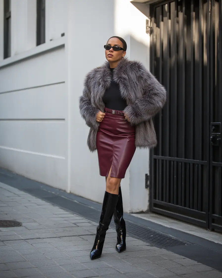 Woman in grey faux fur coat with leather midi skirt and boots