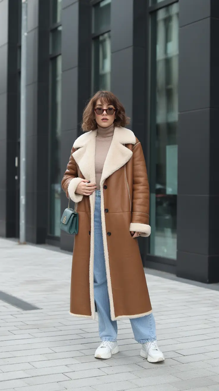Woman wearing a shearling coat with wide-leg jeans and boots