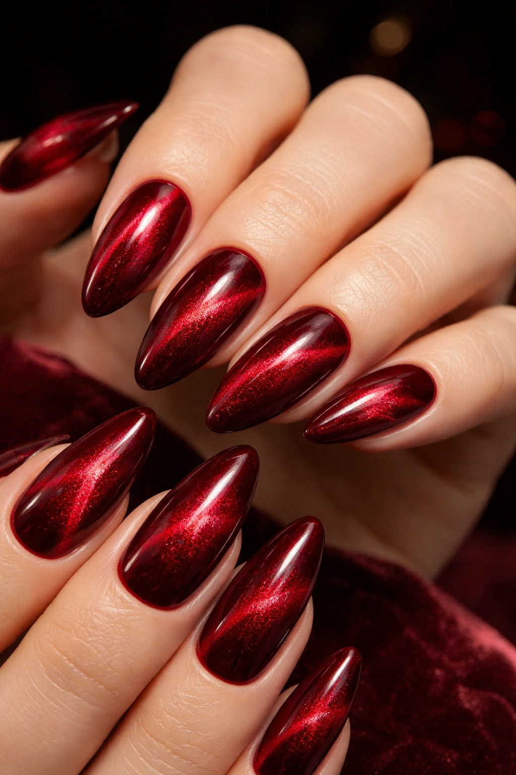 Almond nails with red velvet cat-eye magnetic polish