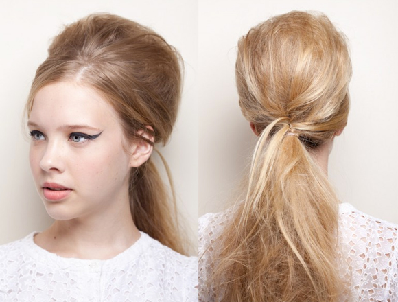 Teased ponytail with lifted crown, front and back views