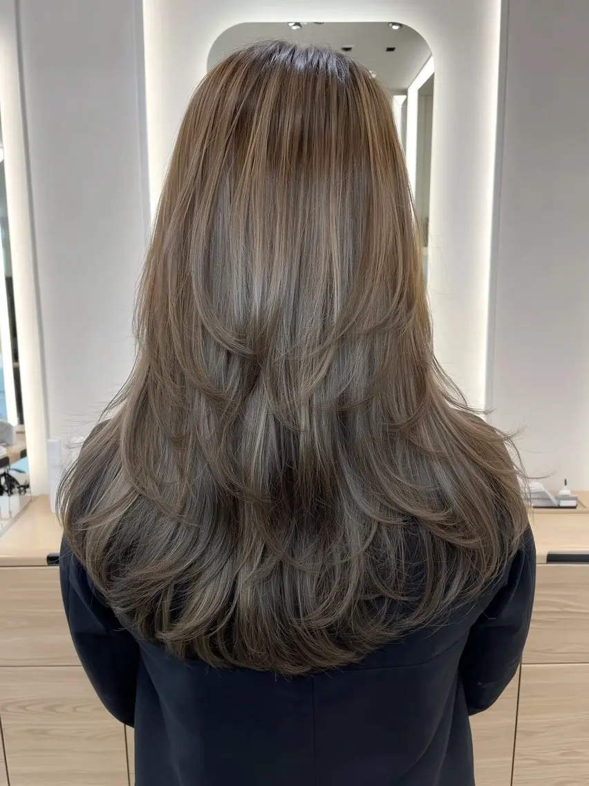 Ash brown hair with subtle lowlights in straight layers