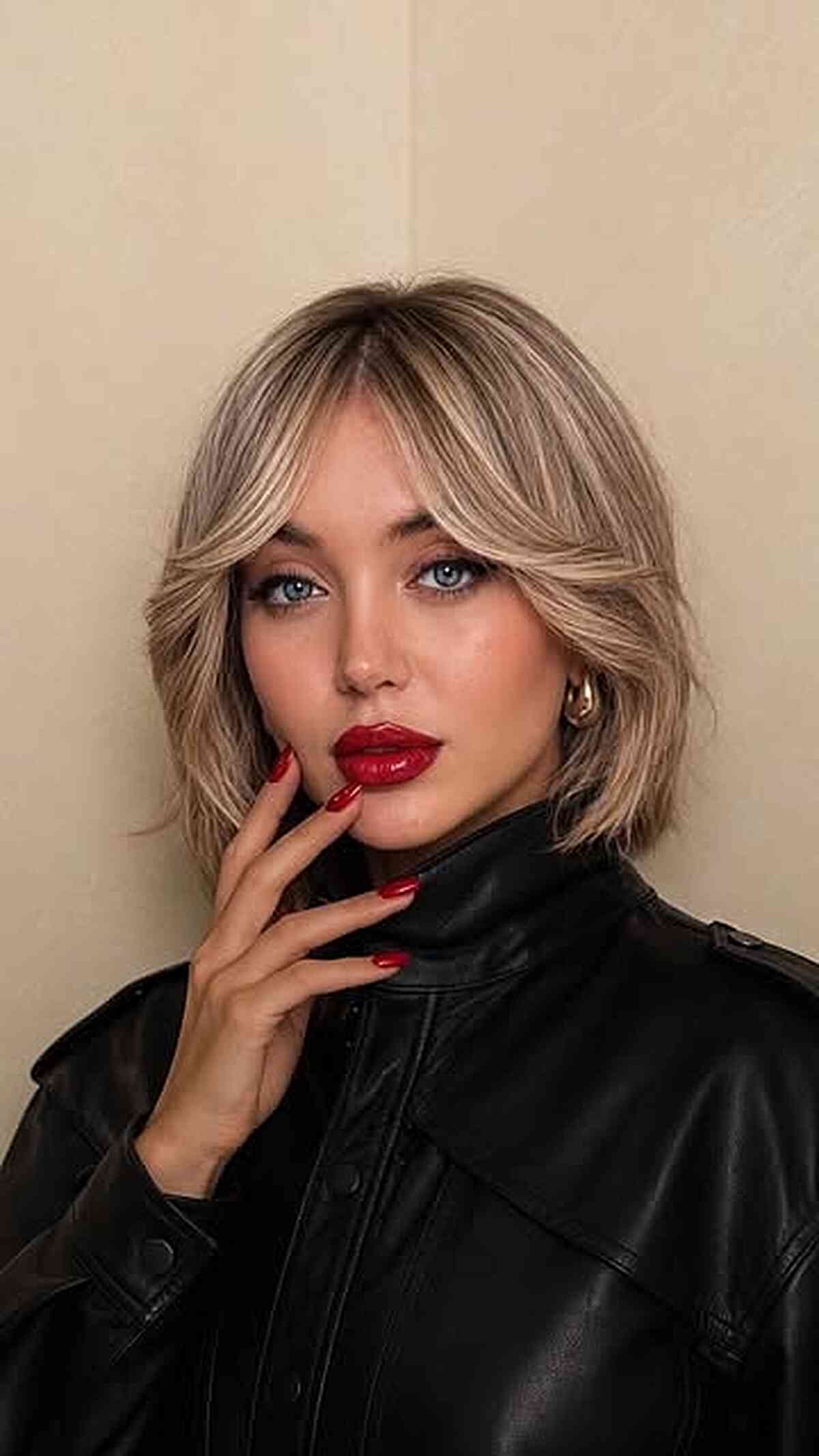 Champagne blonde Italian bob with soft curtain bangs and layered texture