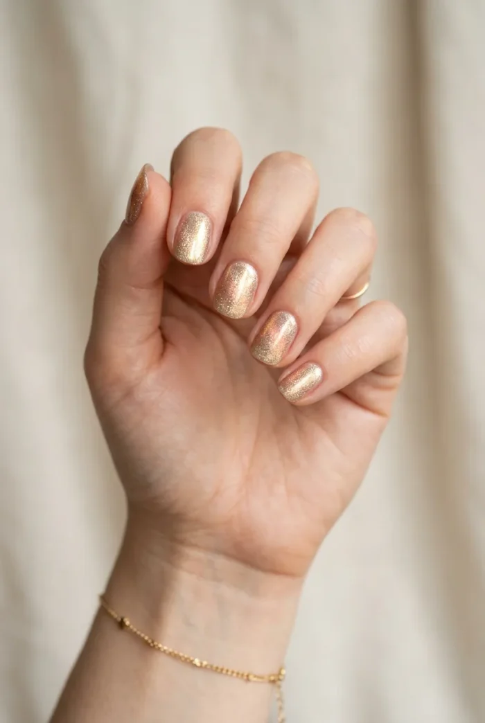Champagne Gold Shimmer: a warm gold shimmer on medium oval nails
