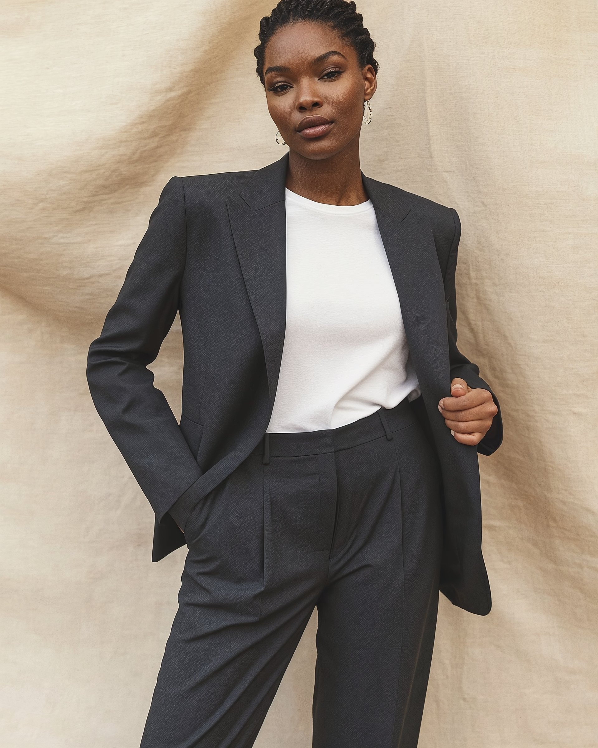 Woman wearing a charcoal blazer and tailored trousers with a white t-shirt