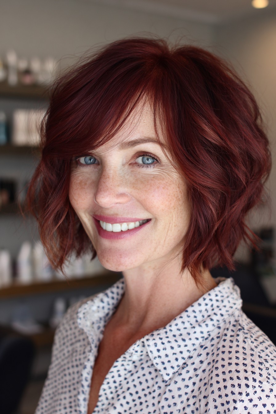 Textured garnet red bob with side-swept bangs in a salon