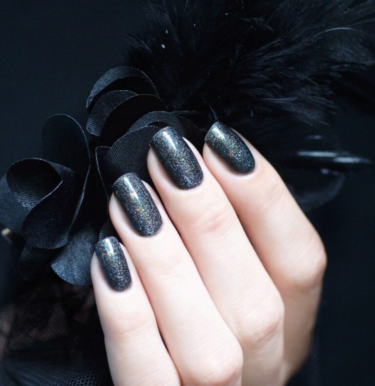 Charcoal nails with holographic glitter