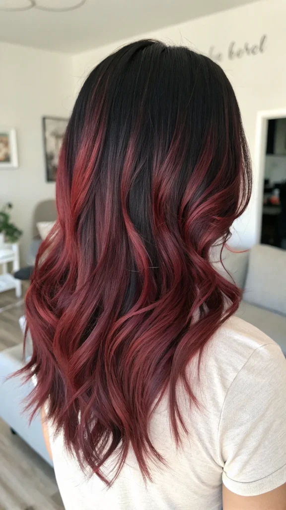 Long wavy hair in a cherry cola red-brown shade