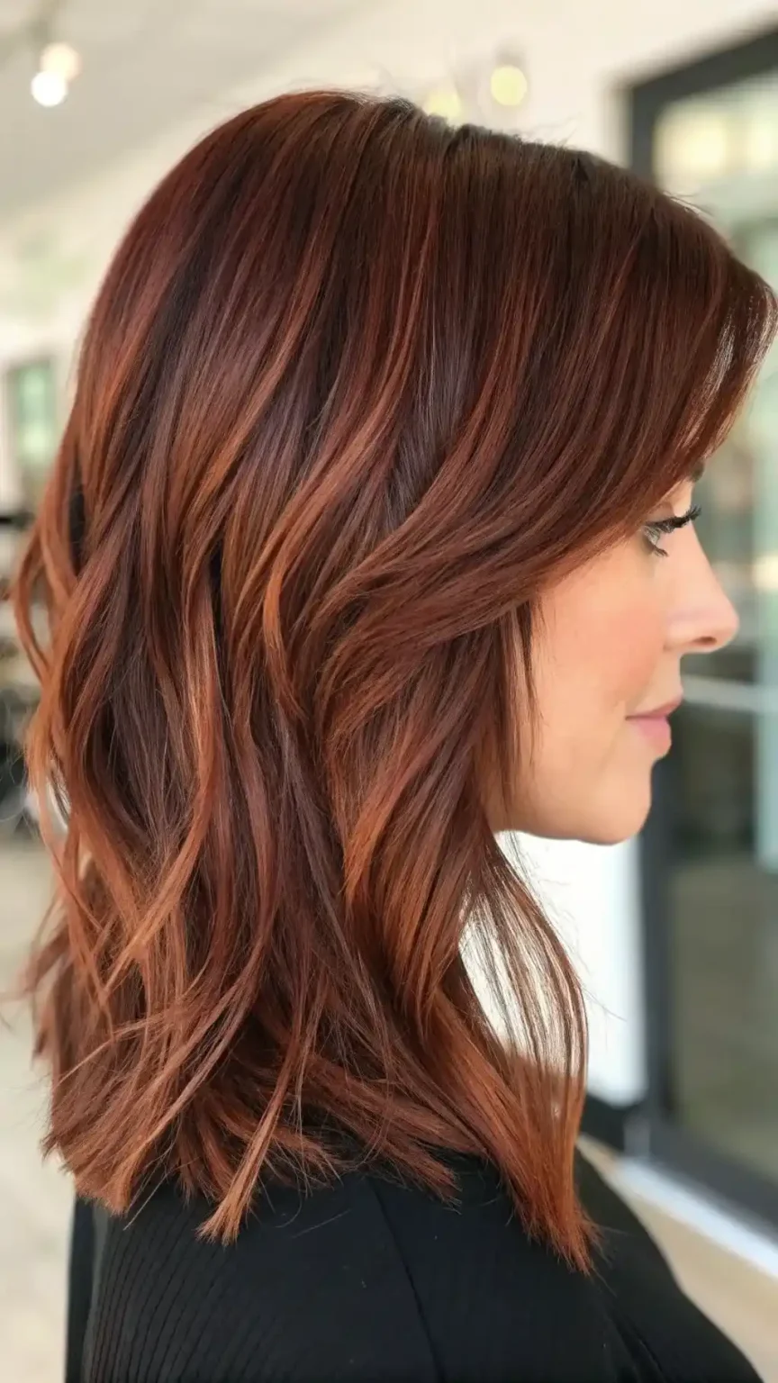 Cherry-mocha mahogany highlights on a wavy copper lob