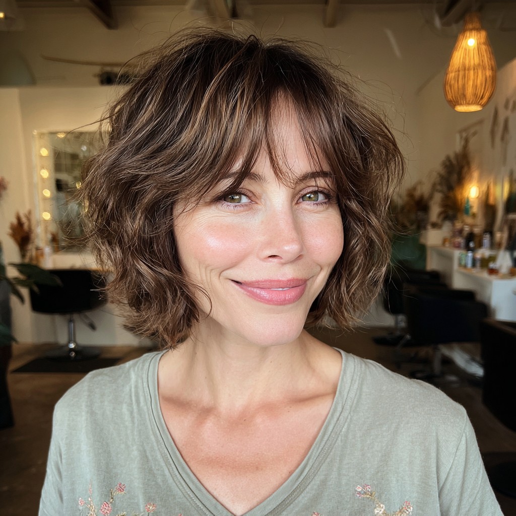 Shaggy bob with soft curtain bangs