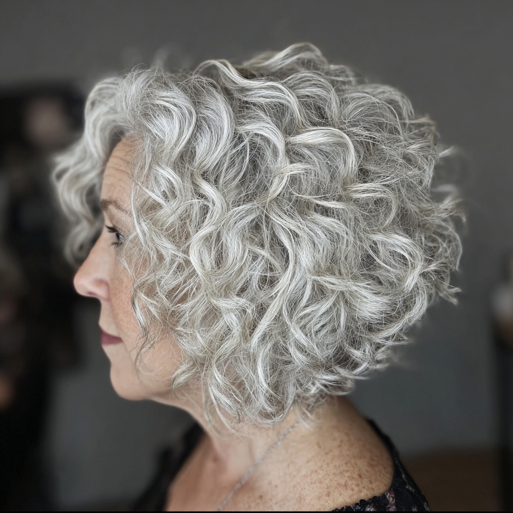 Layered curly gray bob haircut with silver curls