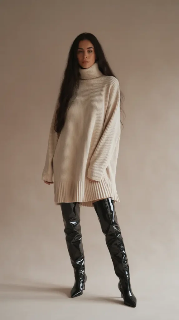 Woman in a studio wearing an oversized cream turtleneck sweater dress and black patent over-the-knee boots