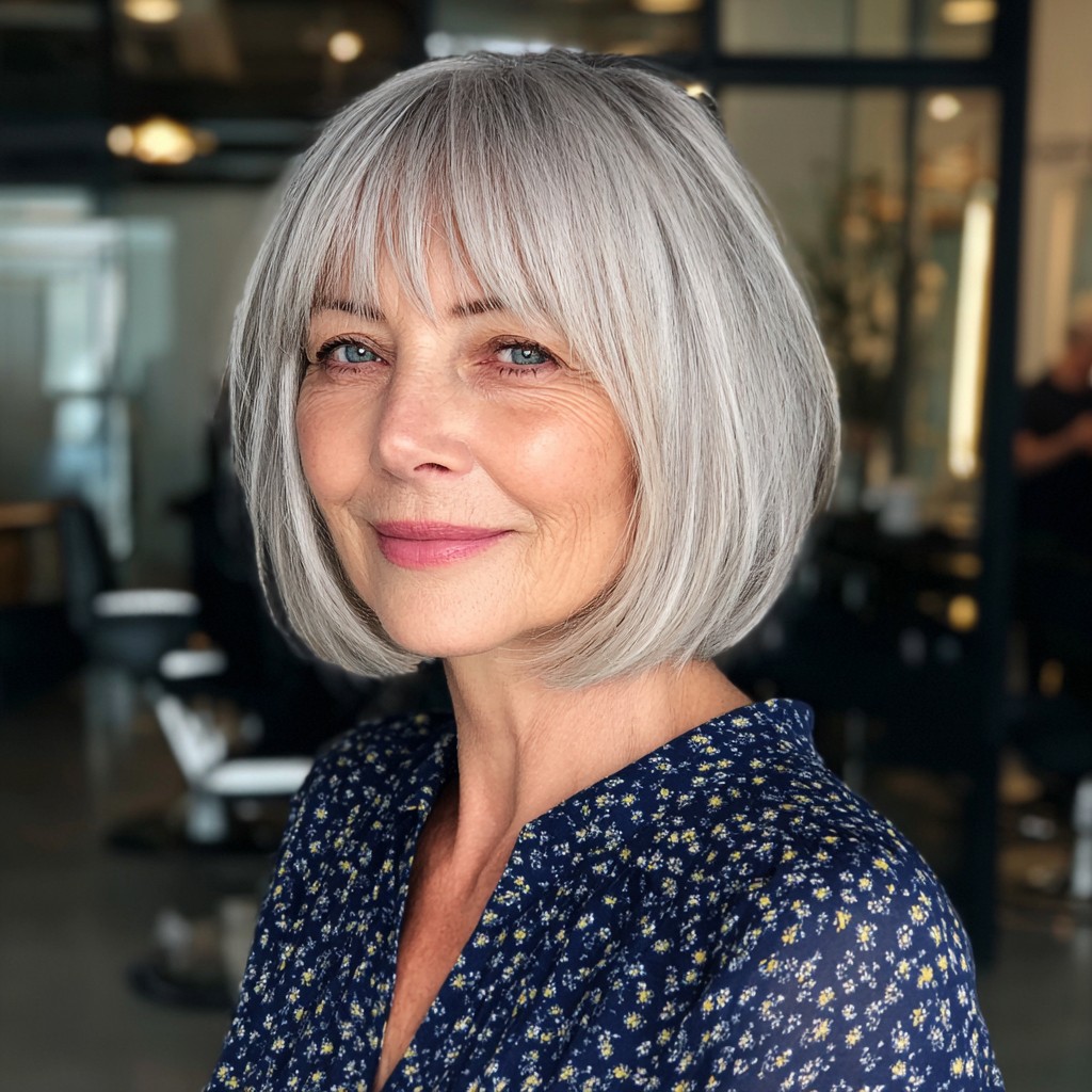 Older woman with a sleek silver bob and full straight bangs